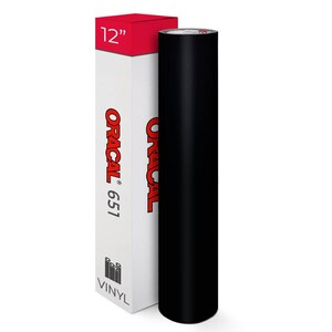 May include: A roll of black vinyl beside a white box with red detailing. The box is labelled "ORACAL 651" and "12" inches. The vinyl roll is approximately 30.5 cm in length.