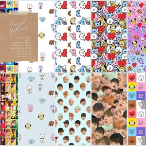 Puede incluir: Una colección de láminas de vinilo con varios patrones, incluyendo personajes de dibujos animados, retratos y diseños de cuadrícula. Un papel marrón muestra el texto Vinyl Options, K-POP / BTS, 66-5, ADHESIVE VINYL, PERMANENT VINYL, REMOVABLE VINYL, IRON ON HTV, GLITTER HTV, 3D PUFF HTV.