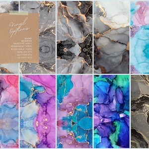 Puede incluir: Una colección de opciones de vinilo con diseños abstractos en varios colores. Los diseños incluyen remolinos de gris, dorado, azul, morado y rosa. Una etiqueta de papel marrón con el texto "Vinyl Options" está pegada en la parte superior izquierda.