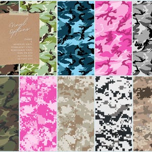 Può includere: Una collezione di vinili mimetici in vari colori, tra cui verde, blu, rosa e grigio. Un cartoncino marrone con la scritta "Vinyl Options" è incollato nell'angolo in alto a sinistra.