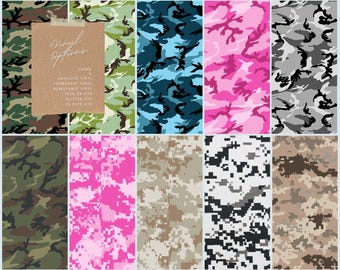 Camo Premium Vinyl Patterns, Permanent, Removable & Iron-on HTV w Heat Tape, Perfect for DIY Crafts, for Cricut cutting machines