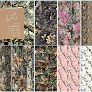 May include: A collection of ten rectangular vinyl sheets featuring various camouflage patterns including forest bark, autumn leaves, and pink or white tree branch designs. A brown paper note lists Vinyl Options: Name, Number, Adhesive, Permanent, Removable, Iron-on, Glitter, and 3D Puff HTV.