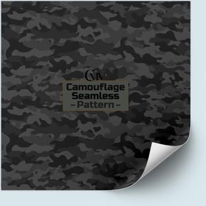 May include: A seamless camouflage pattern in shades of gray and black. The design features an all-over print of irregular shapes, creating a textured, mottled effect. The text "Camouflage Seamless - Pattern -" is displayed in a rectangular box.