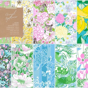 May include: A collection of colorful patterned vinyl options. The designs include floral, butterfly, and abstract patterns in various colors like pink, green, yellow, and blue. A brown card displays the text "Vinyl Options".