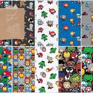 May include: A collection of colorful vinyl sheets featuring various superhero characters in a cartoon style. The sheets have different background colors and patterns. A kraft paper label with the text "Vinyl Options" is taped to the top left.