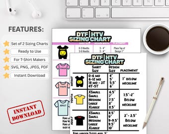 2 Pack T-Shirt Sizing Placement Chart for shirt-makers (screen printing, Cricut, Silhouette) Size Guide to place designs, HTV Design Guide