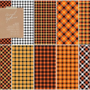 May include: A collection of ten rectangular swatches featuring various plaid and buffalo check patterns in orange, black, white, and yellow. A tan paper note displays the text Vinyl Options, Name, Number, Adhesive Vinyl, Permanent Vinyl, Removable Vinyl, Iron On HTV, Glitter HTV, 3D Puff HTV.