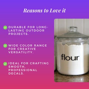 May include: A clear glass jar filled with flour, labelled with the word "flour" in black. The image also includes text that reads "Reasons to Love it" and bullet points about the product's durability and versatility.