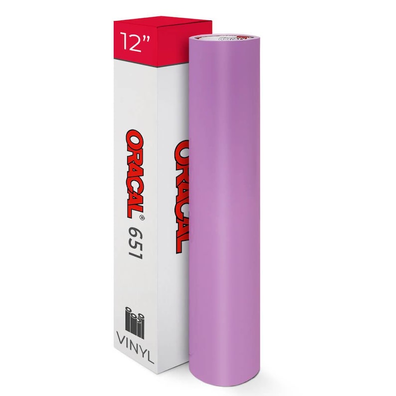 May include: A roll of lavender vinyl next to a white box with red accents. The box is labeled "ORACAL 651" and "12" inches. The vinyl roll is approximately 30 cm in length.