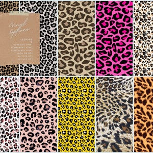 May include: A collection of leopard print vinyl options in various colors, including black, brown, pink, and yellow. A tan paper with the text "Vinyl Options" is clipped to the top left. The text on the paper includes "Leopard 12", "Adhesive Vinyl", and "Permanent Vinyl".