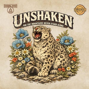 Könnte beinhalten: Vintage-Illustration eines brüllenden Schneeleoparden, umgeben von blauen, weißen und orangefarbenen Blumen. Der Text "UNSHAKEN" steht über dem Tier, darunter "FOR THE MOUNTAINS NEVER STAND ALONE".