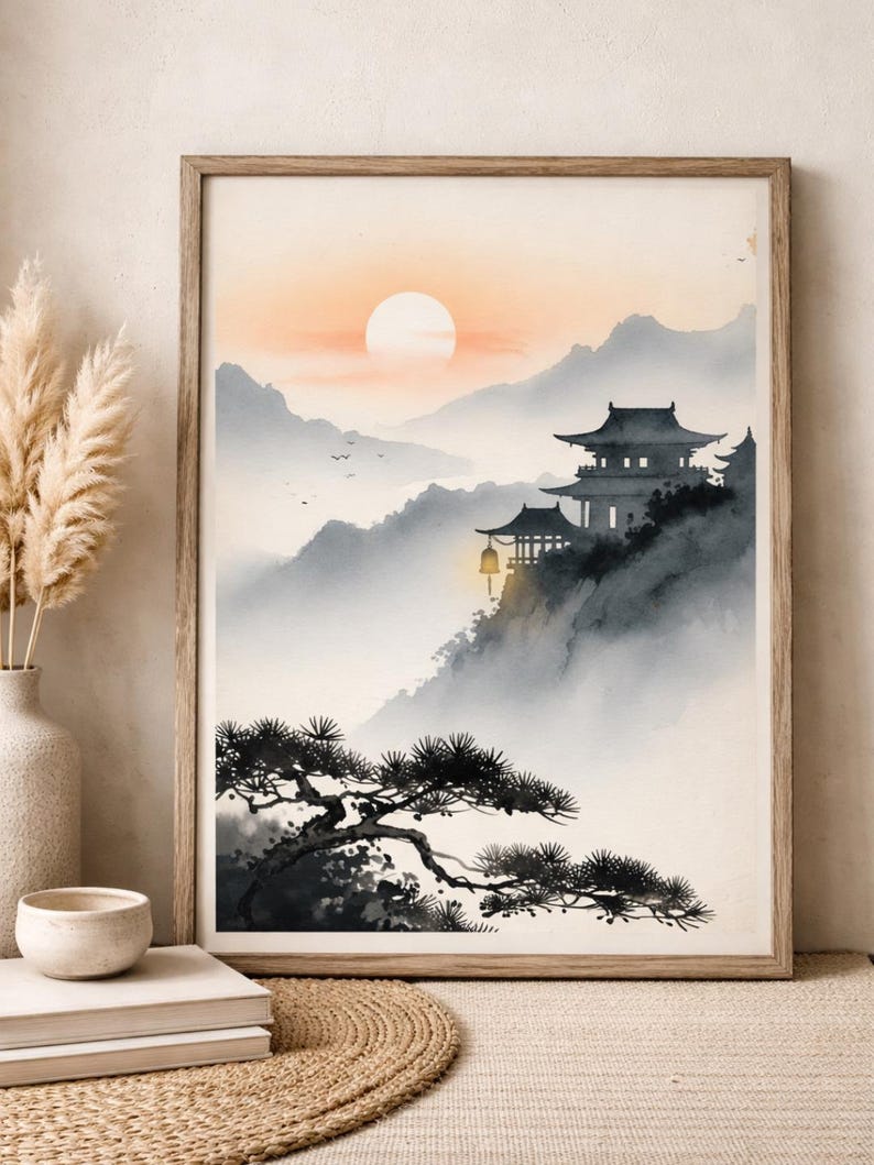 Japanese Temple Wall Art Print | Asian Watercolor Landscape Poster ...
