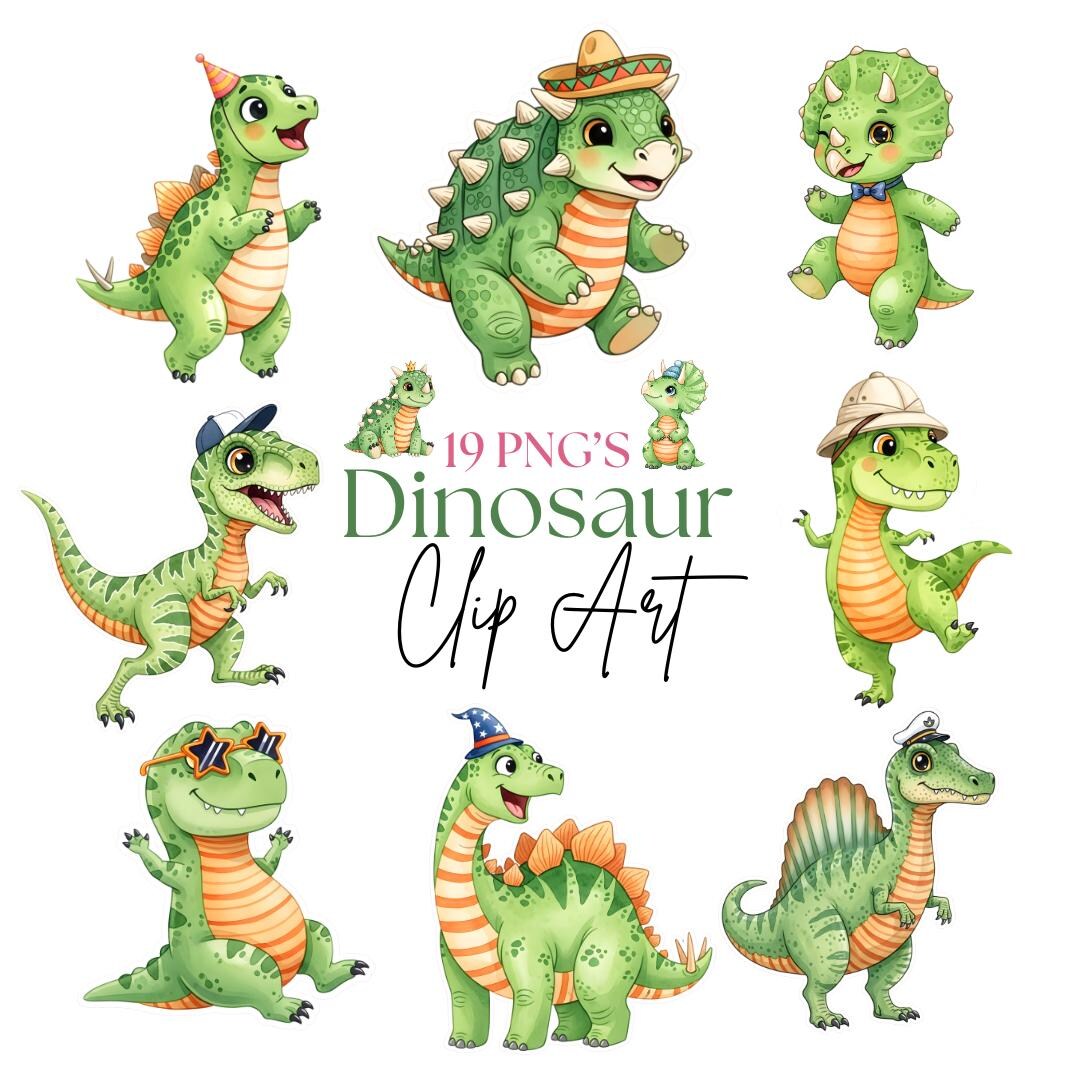 Cute Dinosaur Clipart PNG Bundle, 19 Dino Birthday Party Characters ...