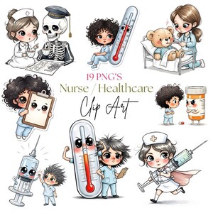 Könnte beinhalten: Eine Sammlung von 19 PNG-Clip-Art-Bildern zum Thema Krankenschwester und Gesundheitswesen. Die Bilder zeigen Cartoon-Krankenschwestern, ein Skelett, einen Teddybären-Patienten, ein Thermometer, eine Spritze und eine Pillenflasche. Der Text "Nurse / Healthcare Clip Art" ist ebenfalls enthalten.