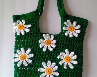 Bolso de mercado de ganchillo con margaritas, bolso de hombro reutilizable, bolso de verano estilo boho, regalo para ella.