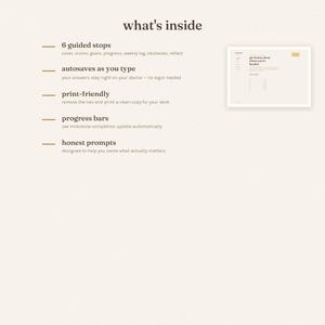 a list of six guided stops, which are cover, vision, goals, progress, weekly log, obstacles, and reflect. The list is presented in a clean, minimalistic font with a simple color scheme.
