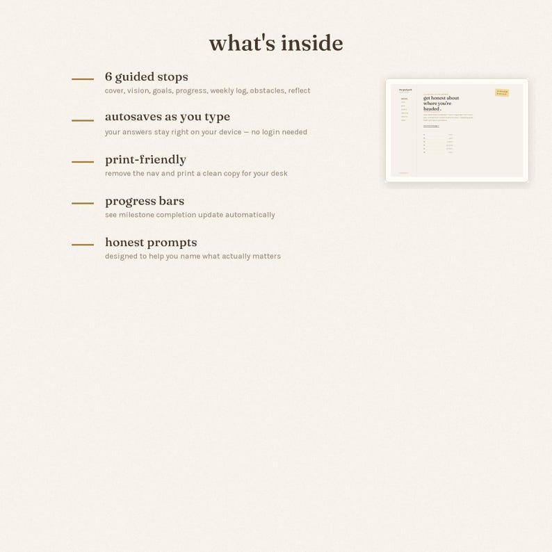 a list of six guided stops, which are cover, vision, goals, progress, weekly log, obstacles, and reflect. The list is presented in a clean, minimalistic font with a simple color scheme.