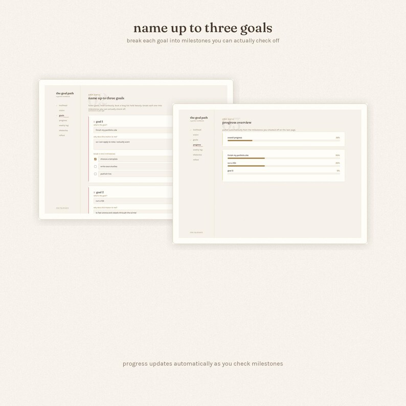 The image is a screenshot of a website or application that displays a goal-setting tool. It has two sections, one titled 'the goal' and the other titled 'the goal and progress overview'. The text on the image is minimalistic and straightforward, focusing on the main content without unnecessary embellishments or descriptive phrases.