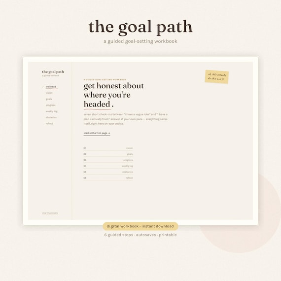 Digital Goal Planner, Calming Accessible Workbook | Interactive HTML File | Seven Guided Pages, ADHD-Friendly