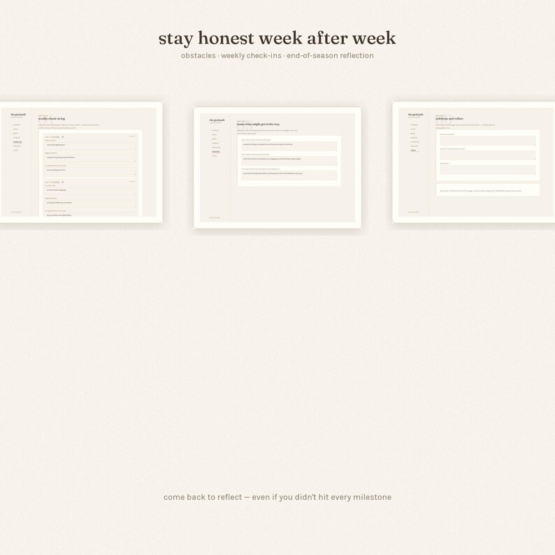 The image is a collage of three identical images, each with a title and a list of items. The text above the images reads "stay honest week after week" and "obstacles - weekly check-ins and off-season reflection". The text below the images reads "some back to reflect - even if you didn't hit every milestone".