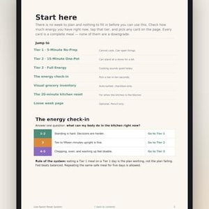 May include: A digital tablet screen displaying a page titled Start here with instructions for an energy-based meal planning system. The text includes sections for Tier 1, Tier 2, and Tier 3 options, plus an energy check-in chart with color-coded rows.