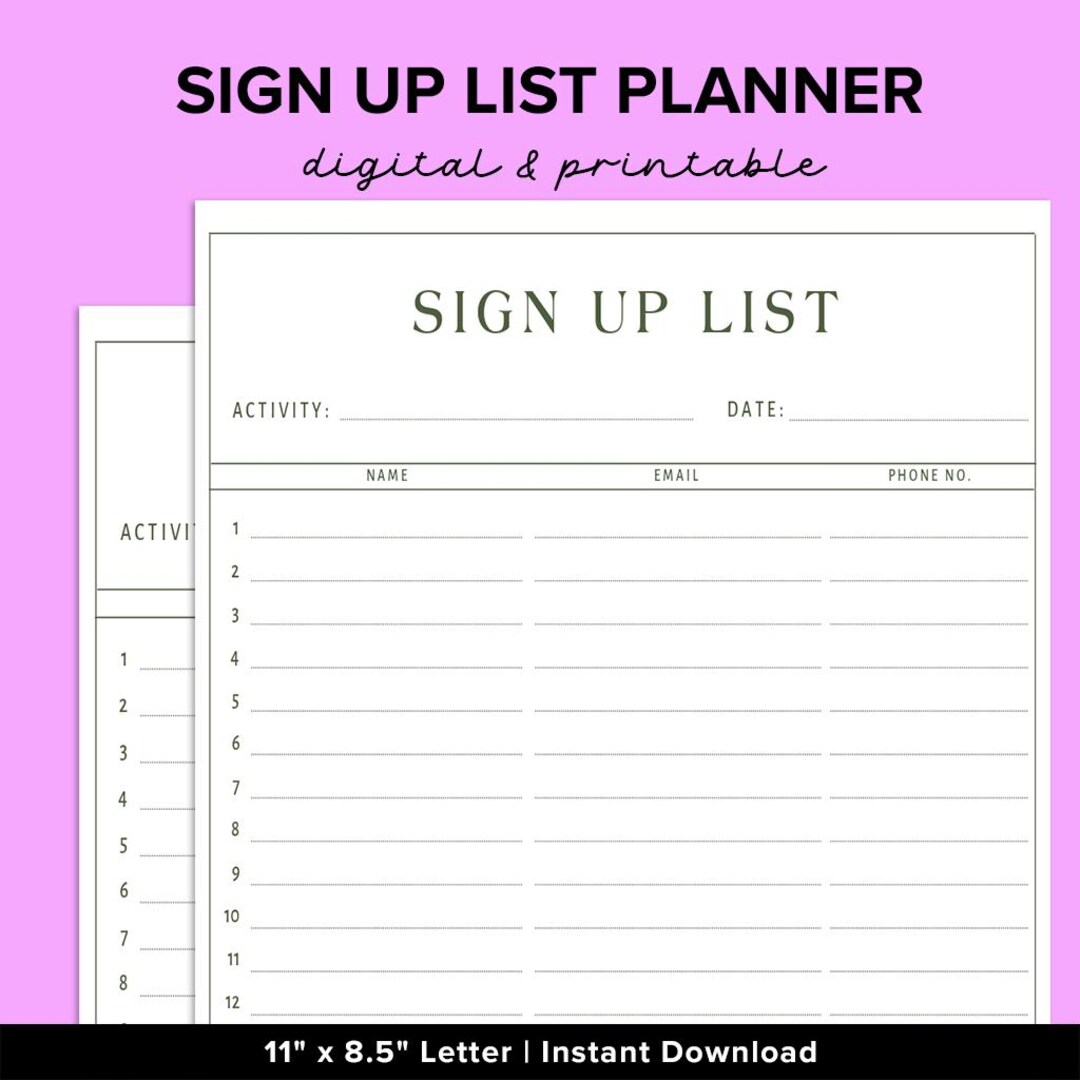 Event Sign Up Roster Event Sign up Sheet PDF Printable, Volunteer List Template, Minimalist ...