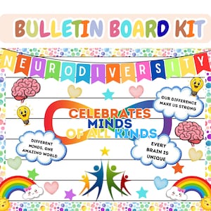 Op de afbeelding: Een kleurrijke prikbordkit met de tekst "Bulletin Board Kit" bovenaan. Het ontwerp bevat het woord "Neurodiversiteit" in bannerletters, samen met illustraties van hersenen, gloeilampen, harten en regenbogen. De zin "Viert geesten van alle soorten" is prominent aanwezig.