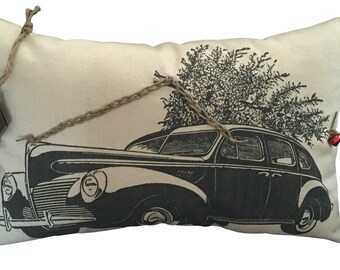 Vintage Car with Christmas Tree Pillow|HolidayChristmas | Decorative Throw Pillow | Complete with Insert or Cover Only