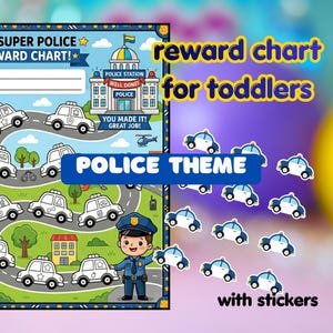 May include: A colorful reward chart for toddlers with a police theme. The chart features police cars, a police officer, and the text "My Super Police Reward Chart!" Includes stickers.
