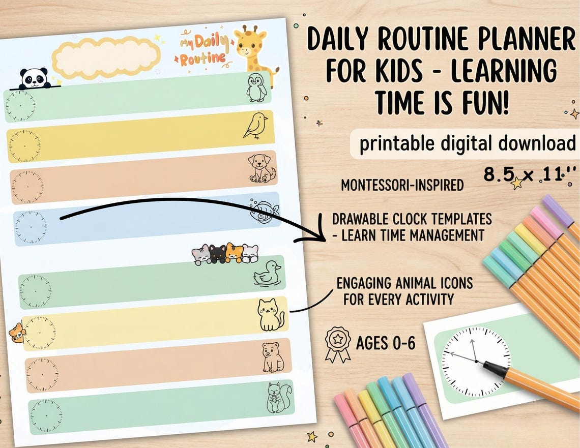 Kids Daily Routine Chart Printable | Montessori Visual Schedule With ...