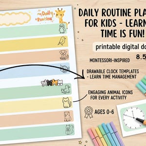 May include: A printable daily routine planner for kids, featuring colorful horizontal bars with animal illustrations and draw-in clock templates. The planner is 8.5 x 11 inches and includes the text "Daily Routine Planner for Kids - Learning Time is Fun!"