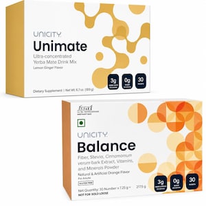 Op de afbeelding: Twee dozen Unicity voedingssupplementen. De bovenste doos is Unimate, een ultra-geconcentreerde Yerba Mate drankmix met Lemon Ginger smaak. De onderste doos is Balance, met vezels, stevia en vitamines. Beide dozen bevatten 30 zakjes.
