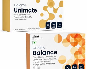 Unicity Feel Great Pack | Balance & Unimate Lemon Ginger Sachets | Yerba Mate Fiber Drink Mix | Wellness Supplement 30 Sachets