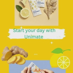 Op de afbeelding: Een heldergele afbeelding die Unimate promoot. De afbeelding toont Unimate-zakjes, gember en een citroen. De tekst "Start your day with Unimate" wordt weergegeven. Een persoon giet een zakje in een shaker.