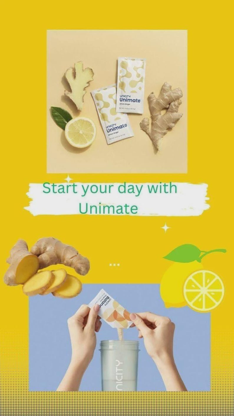 Op de afbeelding: Een heldergele afbeelding die Unimate promoot. De afbeelding toont Unimate-zakjes, gember en een citroen. De tekst "Start your day with Unimate" wordt weergegeven. Een persoon giet een zakje in een shaker.