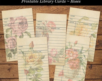 Vintage Style Library Cards Beige Background Floral Rose Designs Printable Digital Download for Cardmaking Junk Journals Reading Planners