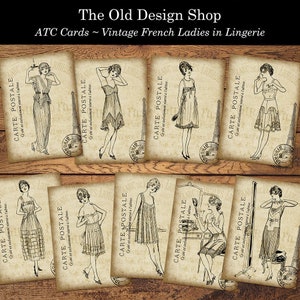 ATC-kaarten Vintage Franse dames in lingerie Afdrukbaar digitaal downloadcollageblad
