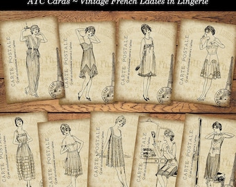 ATC Cards Vintage French Ladies in Lingerie Printable Digital Download Collage Sheet