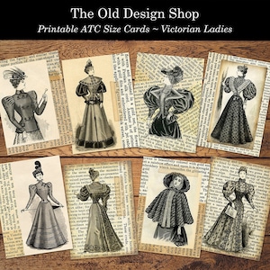 Può includere: Carte ATC stampabili con illustrazioni vintage di dame vittoriane in abiti e cappelli, su uno sfondo di texture di carta invecchiata. The Old Design Shop.