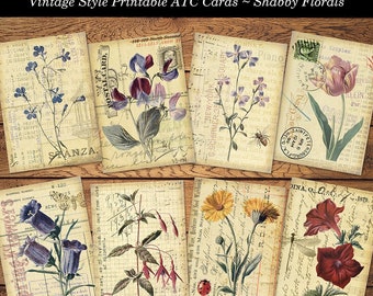 Shabby Floral Botanical Cards Printable ATC Size Digital Collage Sheet