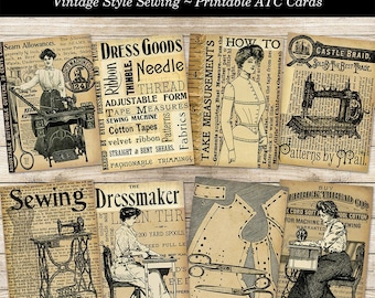 Sewing Cards ATC Printable Vintage Style Digital Download JPG Collage Sheet