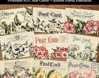 Printable Floral Postcard Ephemera ATC Size Vintage Style Altered Postcards for Cardmaking Junk Journals Scrapbooking Cards Digital Download