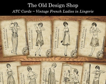 ATC Cards Vintage French Ladies in Lingerie Printable Digital Download Collage Sheet