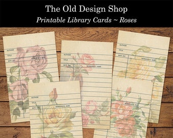 Vintage Style Library Cards Beige Background Floral Rose Designs Printable Digital Download for Cardmaking Junk Journals Reading Planners