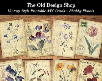 Shabby Floral Botanical Cards Printable ATC Size Digital Collage Sheet