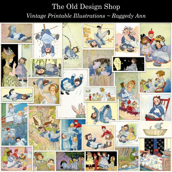 Raggedy Ann Vintage druckbare Bilderbuch Illustrationen Digital Download Collage Sheets