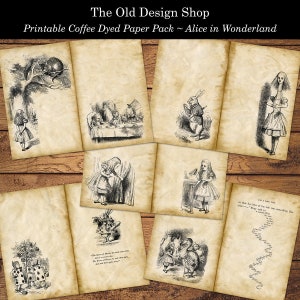 Alice in Wonderland Printable Ink Saving Black and White PLUS Coffee Dyed Paper Pack Junk Journal Signature Pages Digital Download