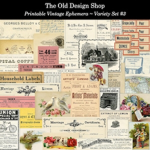 Set van 3 vintage ephemera-verscheidenheidspakket afdrukbare digitale download collagebladen en individuele illustraties