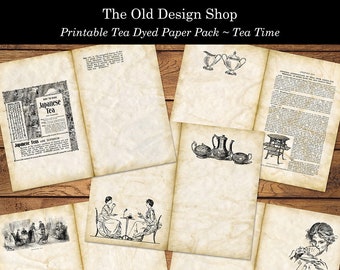 Tea Time Junk Journal Signature Pages Tea Dyed Printable Plus Ink Saver Printable Paper Pack Vintage Graphics Digital Download JPG Format
