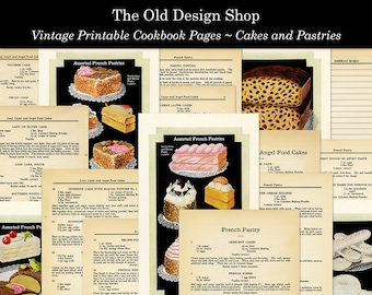Printable Vintage Cookbook Pages French Pastries Recipes and Illustrations Commercial Use Digital Download JPG Format